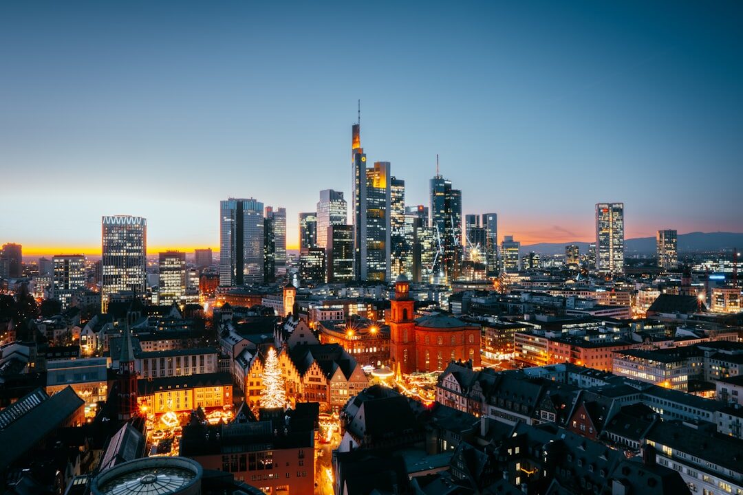german city skyline at dusk