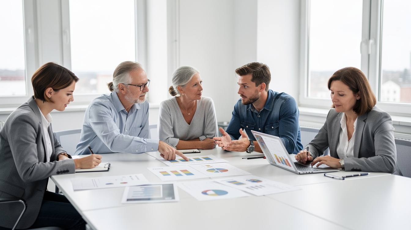 Team of researchers discussing results around a table