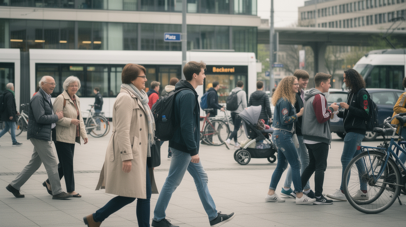 Diverse group of people walking through a city plaza