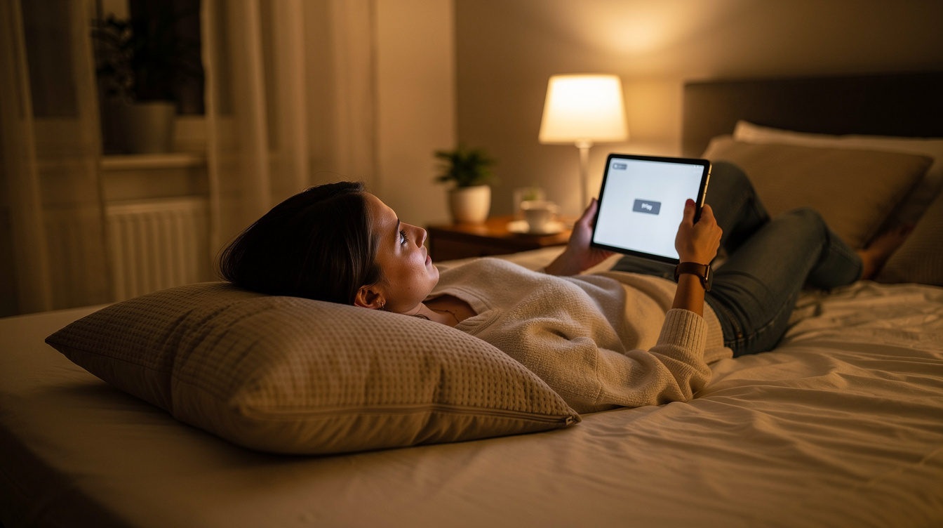 Young woman streaming a show on a tablet in bed